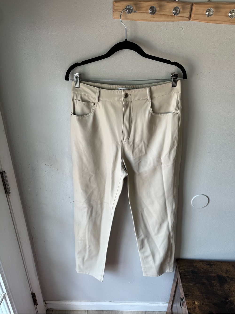 Zara Cream Faux Leather High Waisted Straight Leg Pants Size 8